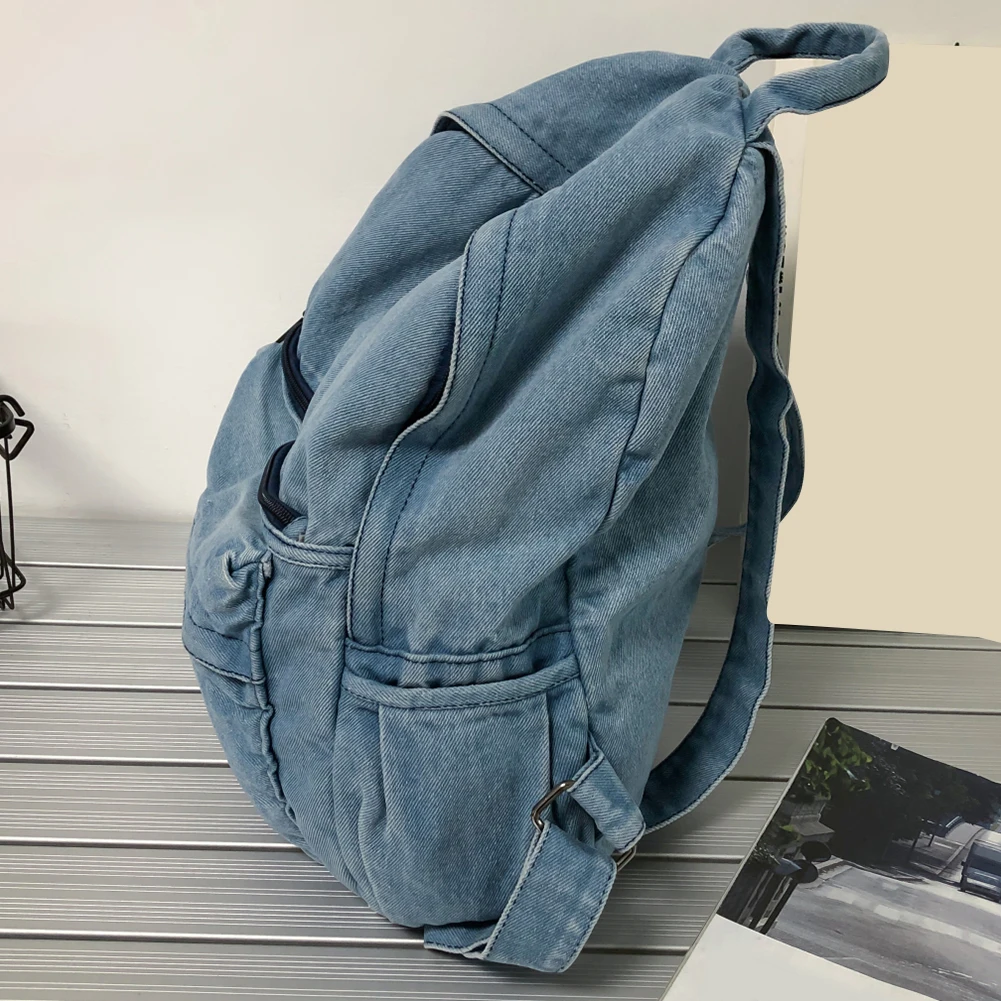 Denim Leisure Backpack Solid Students Large Capacity Zipper Vintage Backpack for Outing Hiking Shopping