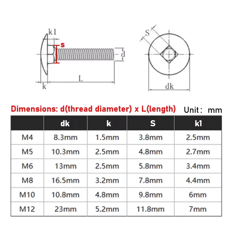 M4 M5 M6 M8 Galvanized Carbon Steel Round Head Square Neck Carriage Screw Big Flat Square Head Bolt