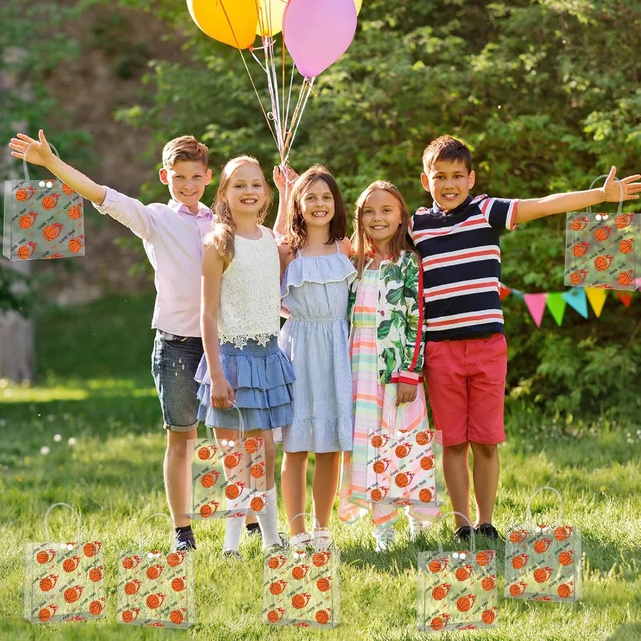 24개 농구공 투명 PVC 선물 가방 손잡이 포함 대량 8 x 8 x 3인치 스포츠 테마 간식 가방 농구팀 선물