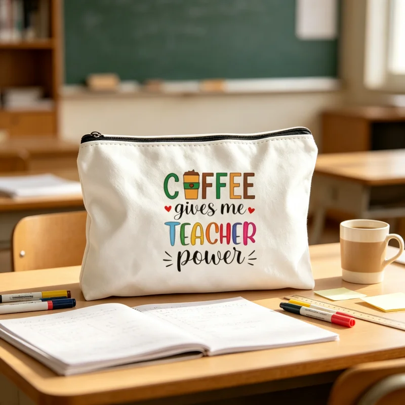 Custom Coffee Gives Me Teacher Power Makeup Bag Teacher Gift Canvas Cosmetic Pouch Zipper Pen Pouch Travel Storage Bag