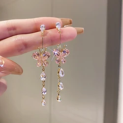 New Korean Pink Crystal Butterfly Drop Earrings For Women Love Heart Shape Long Tassel Dangle Earring Wedding Party Jewelry Gift