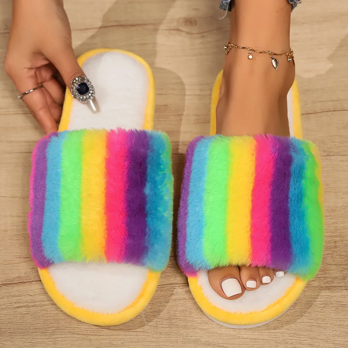 Women Fur Slippers Fashion Rainbow Color Open Toe Cotton Shoes Warm Non-slip Slides Autumn Winter Indoor Home Slipper Flip Flops