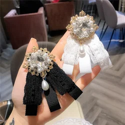 Koreaanse Zwarte Kanten Lint Strikje Broche Strass Parel Stropdas Pin en Broches Shirt Jurk Luxe Kleding Vrouwen Accessoires