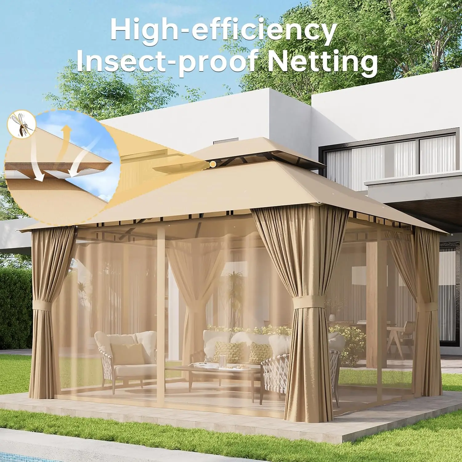 12x10ft Heavy Duty Gazebo, Double Roof, Curtains & Mosquito Netting for Patio Party, Custom