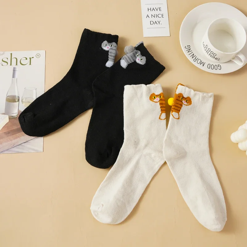 

Милые трехмерные абстрактные носки с котенком, дышащие мягкие женские носки средней длины для девочек, новинка для любителей кошек, подарки