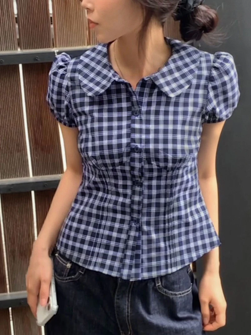 

Chic Summer Short Sleeve Shirt Women's Japanese Doll Collar Bubble Sleeve Single Button Age-Defying Plaid Cotton Casual Shirt