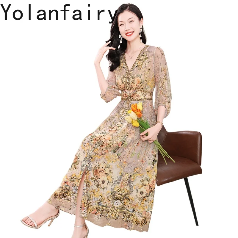 

YOLANFAIRY, 100% натуральное шелковое платье тутового шелка, 2024, женское летнее винтажное роскошное платье, элегантное длинное платье высокого качества с принтом