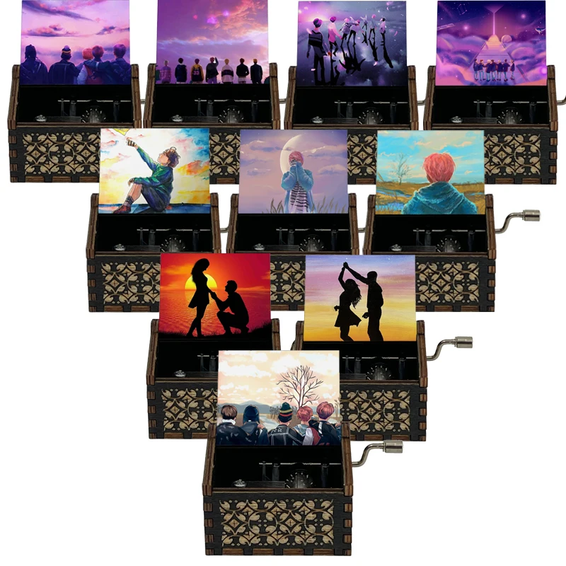 Schwarze Holz-Spieluhr zum Frühlingstag, südkoreanischer Junge, singende Gruppe, farbig bedruckt, 18-Noten, musikalisches Geschenk für Fans, Freunde, Geburtstag