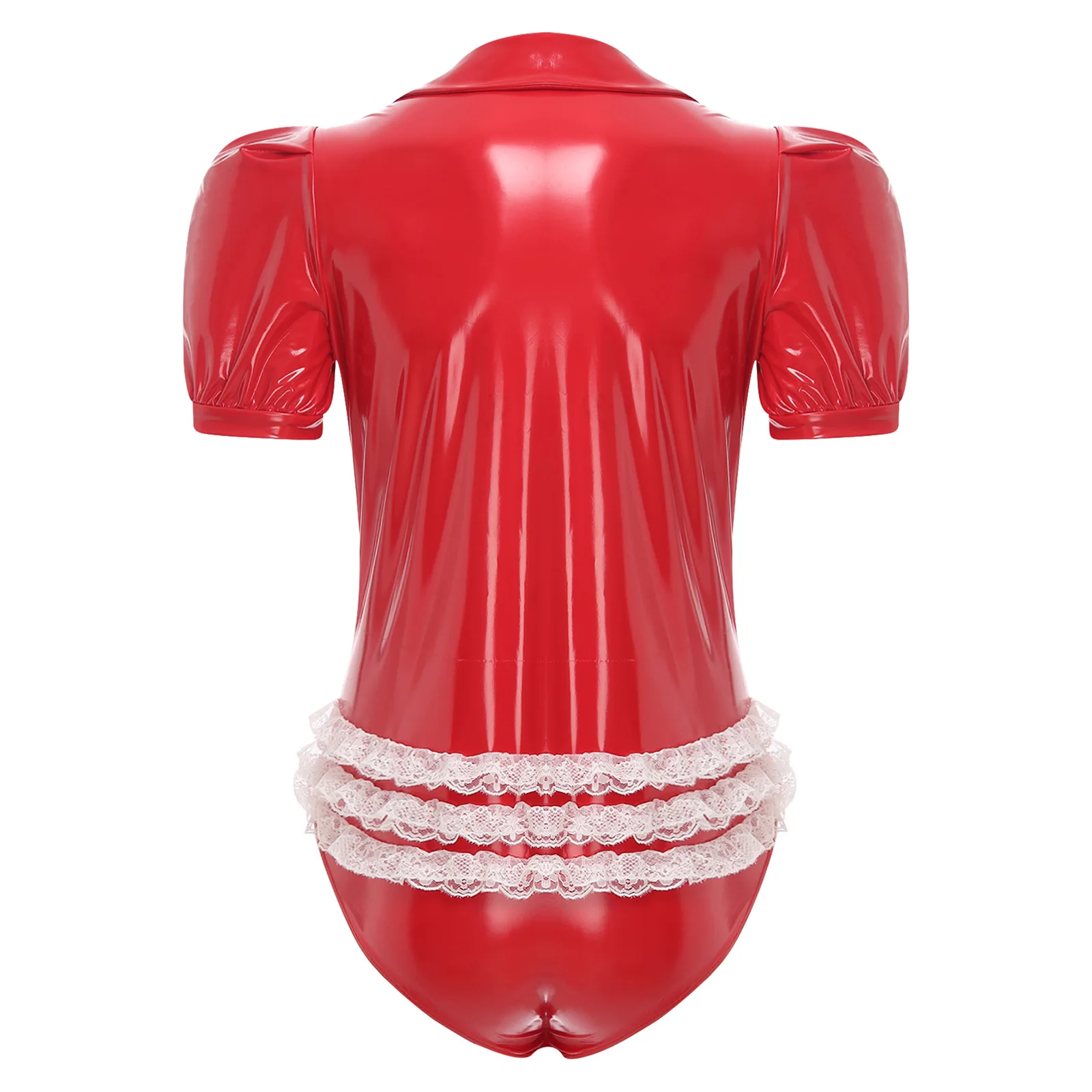 Metallic Gloss Leather Jumpsuit Men Slim Fit Turn Down Collar Rockstar Bodysuit Short Sleeve Clubwear Nightclub Stage Costume