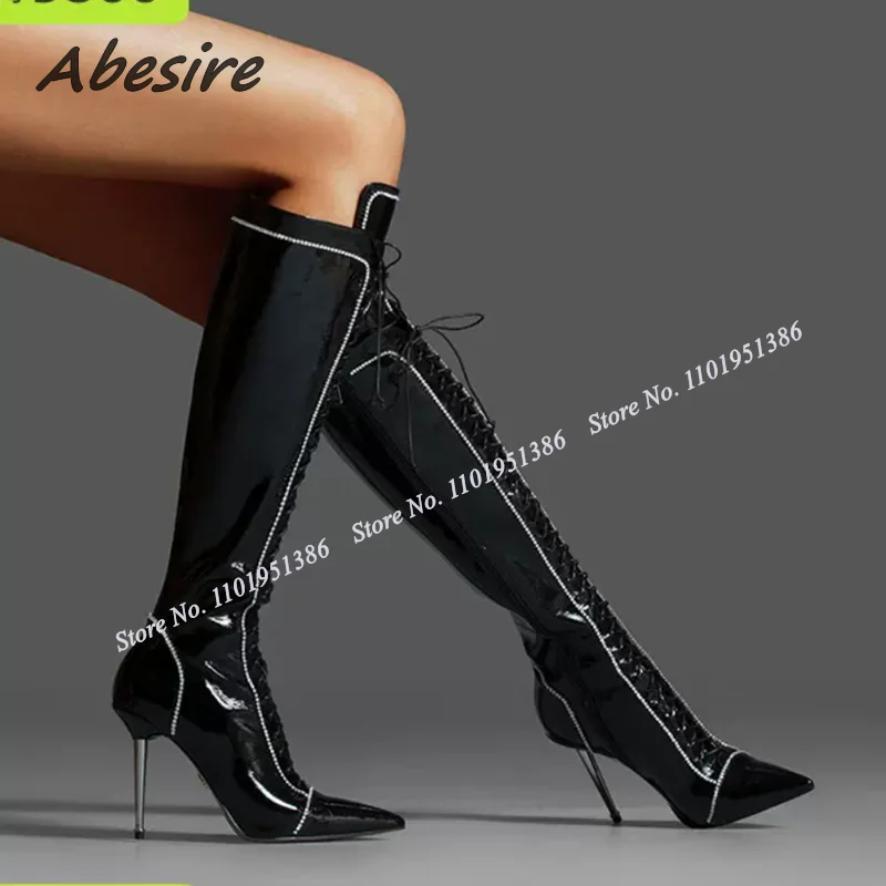 

Abesire Black Cross Tied Metal Heel Boots Lace up Knee High Pointed Toe Stiletto Shoes for Women High Heels Zapatillas Mujer