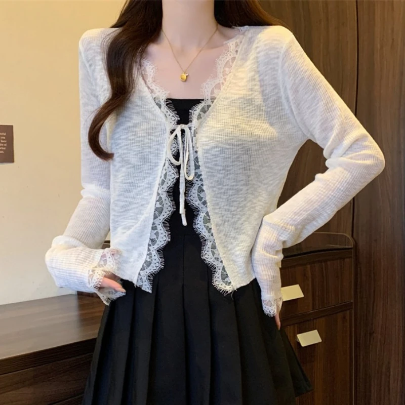 

Women Tie Front Crop Cardigan with Lace Trim Lightweight Long Sleeve Rib-knit Bolero Shrug Top Teen-girl Summer Fairycore Outfit