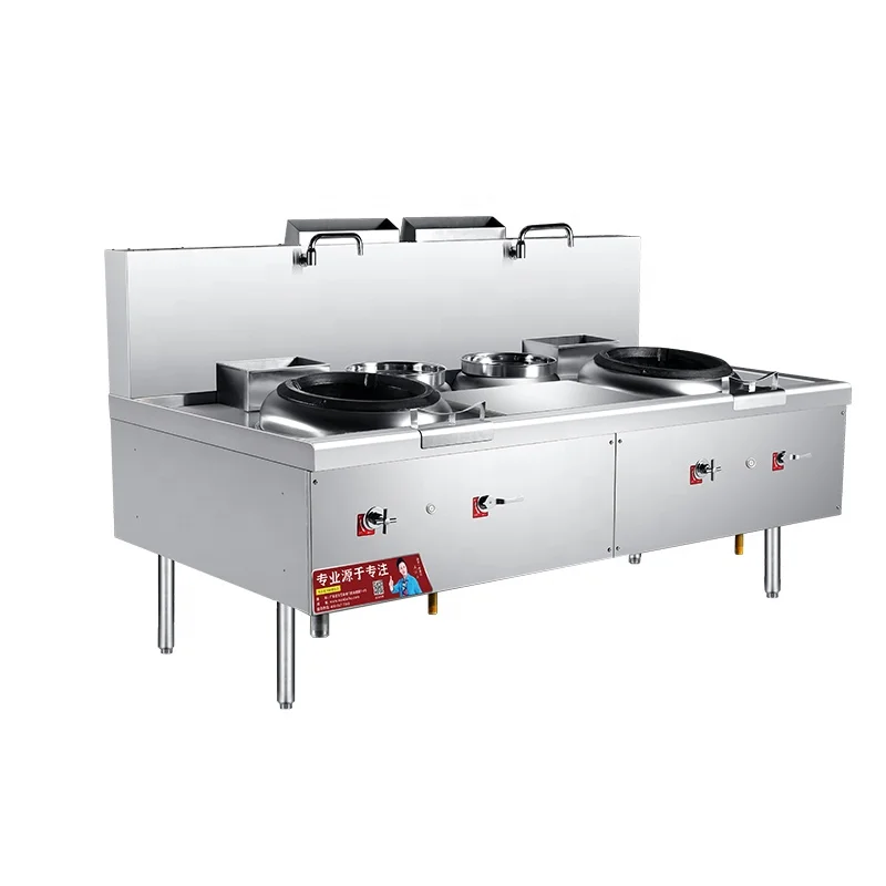 Commercial Industrial Gas Wok Chinese Cooktop with 2 Burners and 2 Heaters