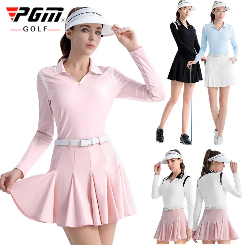 

PGM Spring Golf Long Sleeve T-shirt Women V-Neck Polo Shirt Slim Tops Lady Pleated Skirt Anti-exposure Ruffle Golf Skort Suit