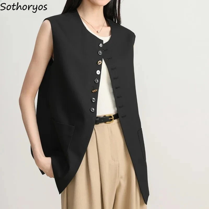 Black Vests Women Loose Basic Sleeveless Vintage Spring Outwear Office Lady Leisure M-3XL Temperament Fashion Button High Street