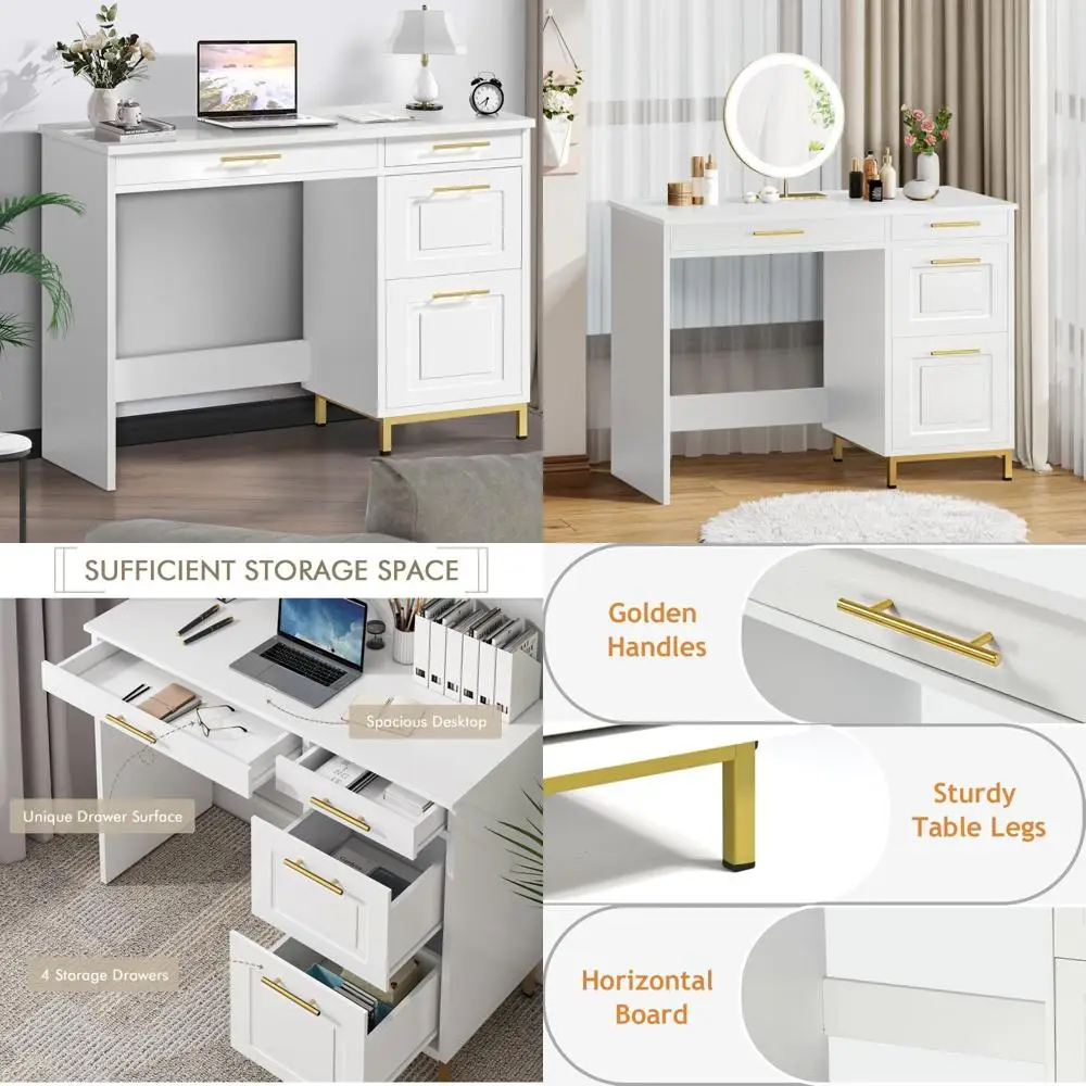 Elegant White Desk with Drawers and Gold Handles, 43-inch Home Office Desk, Computer Writing Table with Storage