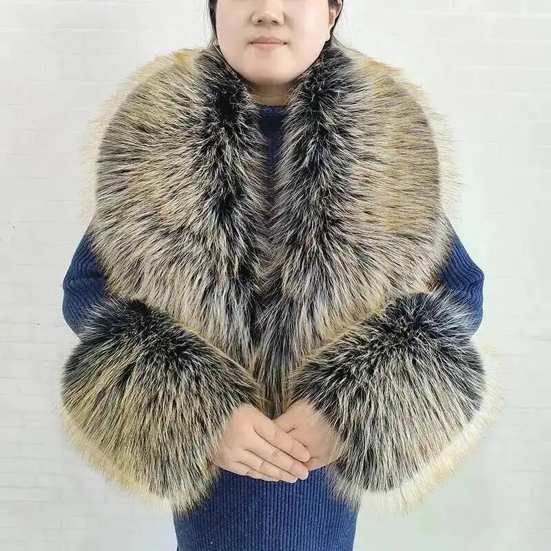 Large Women Faux Fox Fur Scarf Winter Jackets Warm Fluffy Shawl Fashion Artificial Fur Collar And Cuff Set Fluffy Scarves Female view 2
