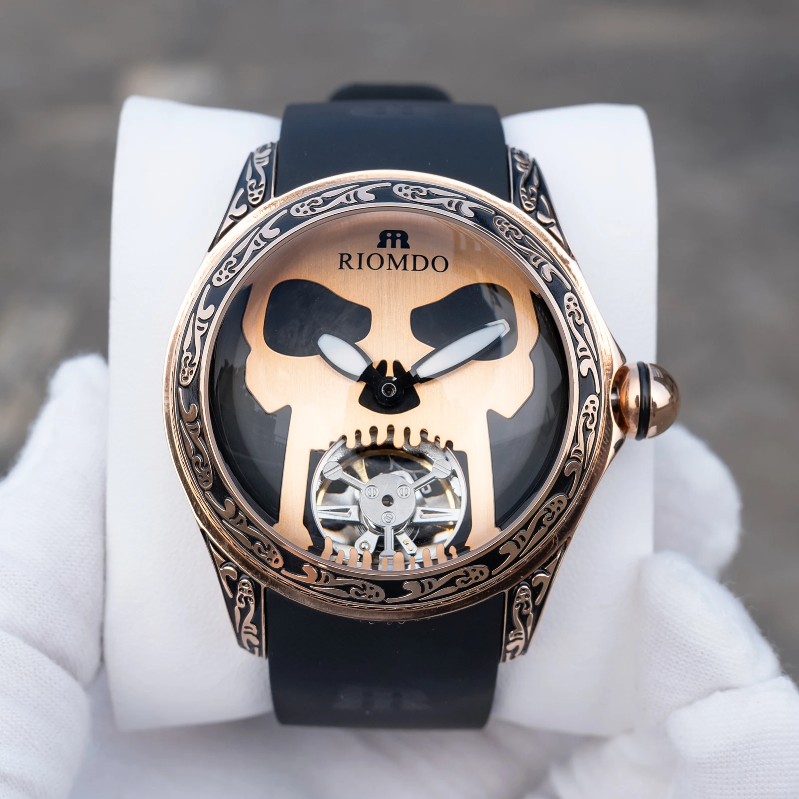 OBLVLO Men's Unique Embossing Case Mechanical Watch Rose Gold Skull Dial Waterproof Silicone Strap Automatic Sport Watch RD-710