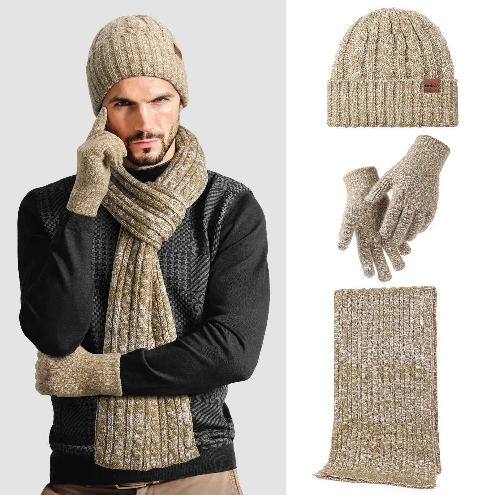 قبعة، وشاح، قفازات، طقم ثلاث قطع، صوف، مقاوم للبرد ودافئ، قفازات محبوكة، قبعة صوف، هدية عيد الميلاد الشتوية.