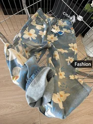 Trendy Floral Print Wide Leg Jeans Women High Waist Straight Loose Denim Pants 2024 Autumn Female Oversized Casual Full Pants
