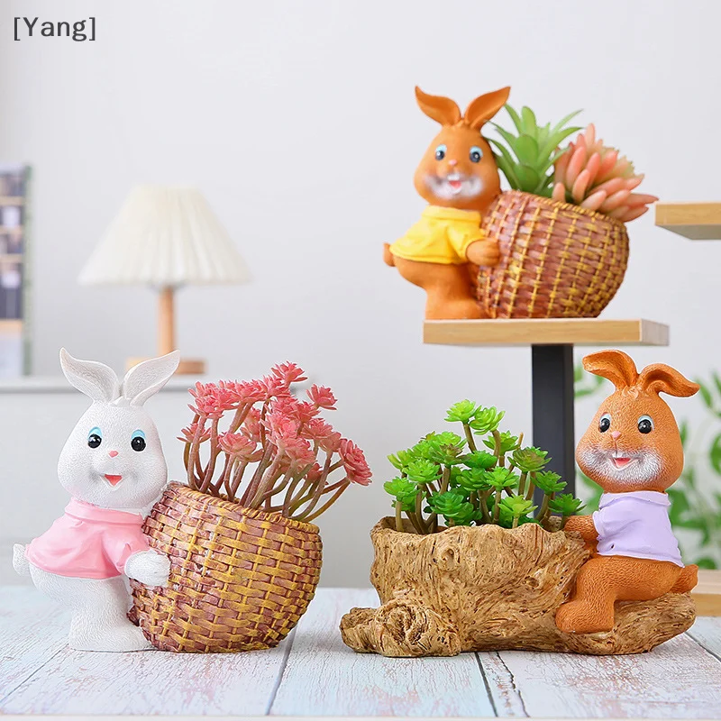 Natural Style Bear Rabbit Figurine Resin Cartoon Bunny Statue Flowerpot With Drainage Holes Retro Cute Animal Flowerpot