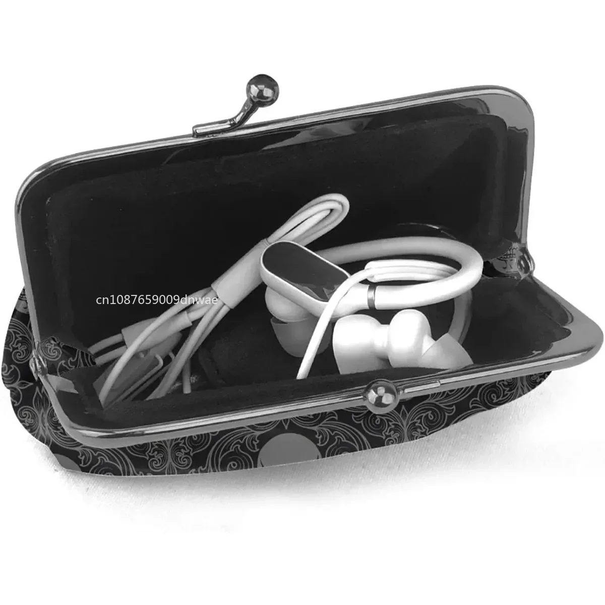 Women'S Wallet Gothic Wallpaper For Walls Skull Damask Buckle Leather Coin Purses Pouch Kiss-Lock Change Travel Makeup Wallets