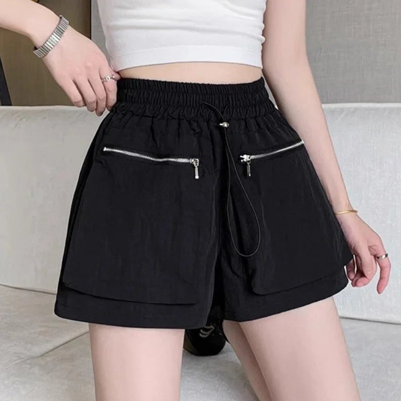 

Elastic Waist Zipper Shorts Women Clothes Casual Solid Color High Waist Wide Leg Pants Summer All-match Pocket Shirring Pants