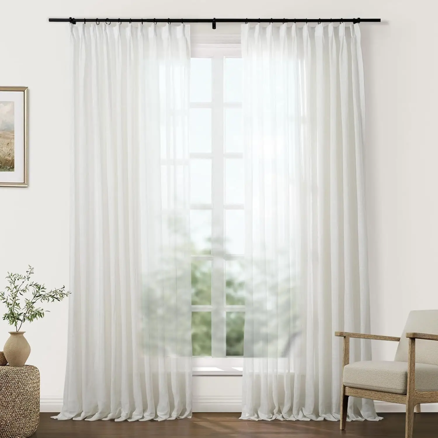 

Natural Linen Textured Sheer Curtains 120 Inches Long Pinch Pleated Drapes for Living Room Bedroom Faux Linen Curtains w