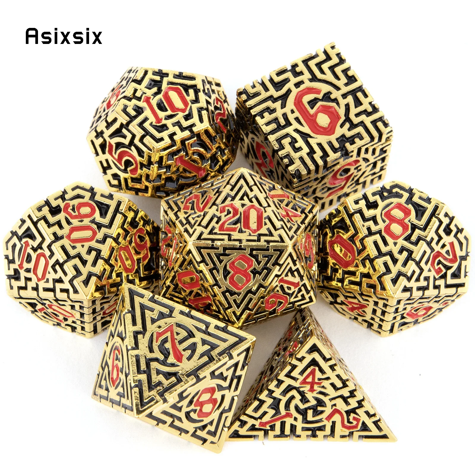 

7 Pcs Golden Red Metal Dice Maze Solid Metal Polyhedral Dice Set Suitable for Role-Playing RPG Board Game Gift