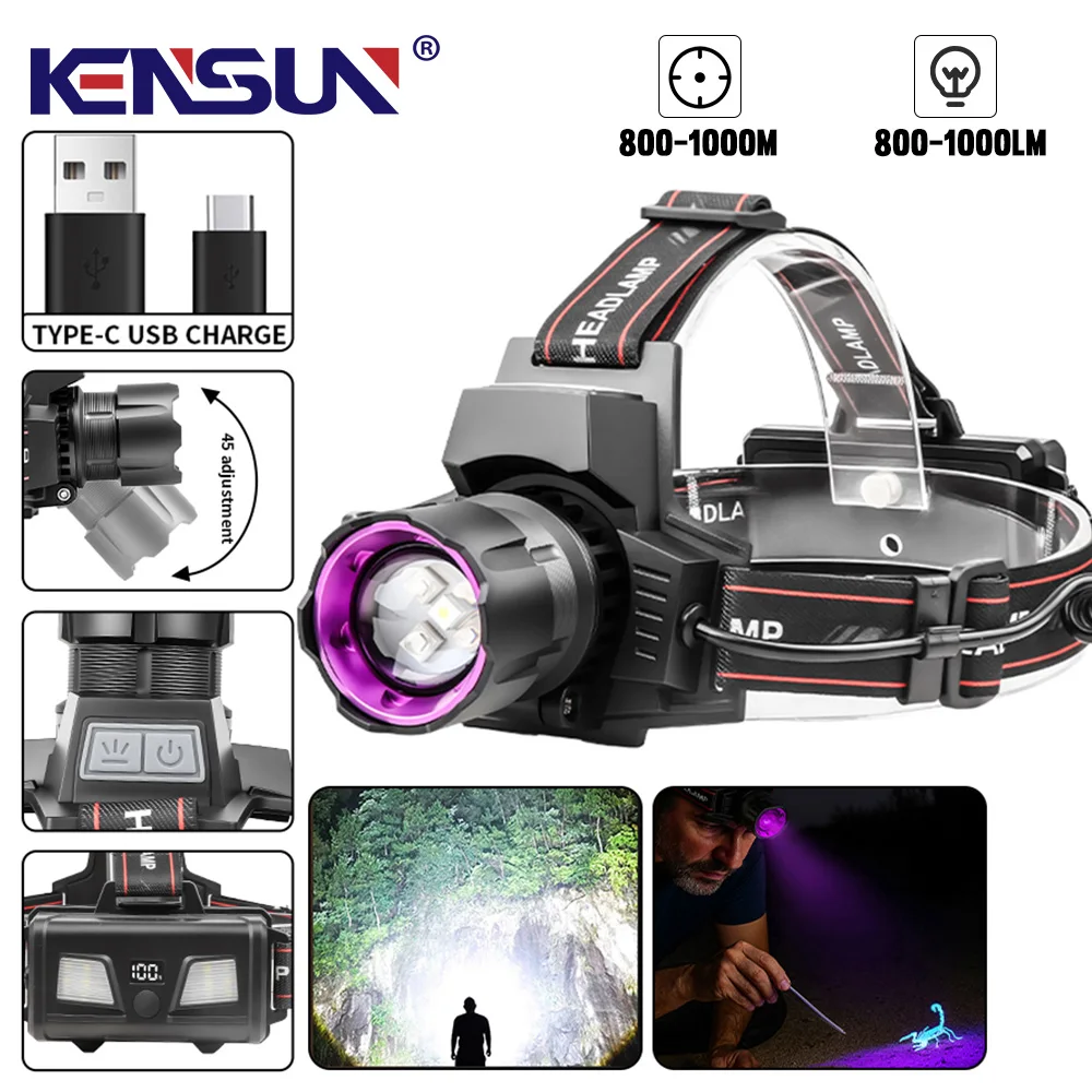 

Мощный белый светодиодный налобный фонарь 395 нм, УФ-свет, функция масштабирования, водонепроницаемый перезаряжаемый налобный фонарь для рыбалки, кемпинга, охоты в скорпионе