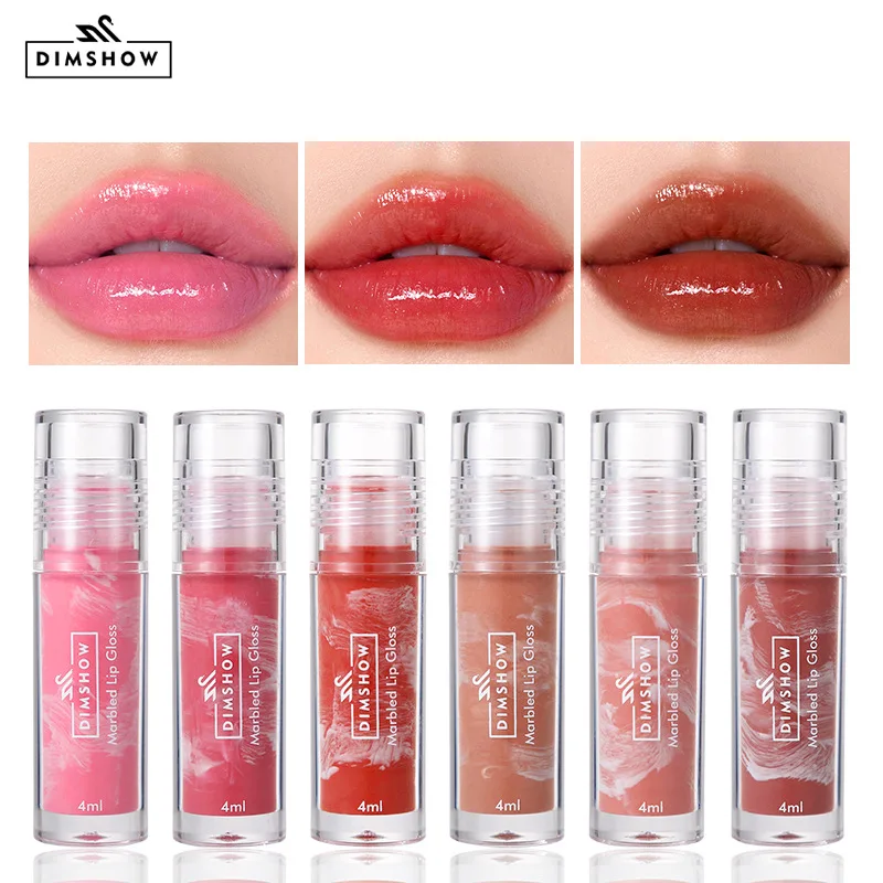 DIMSHOW 6 Colors Marbled Mirror Lip Glaze Texture Essence Moisturizing Lip Care Lip Gloss for Easy Lip Appearance