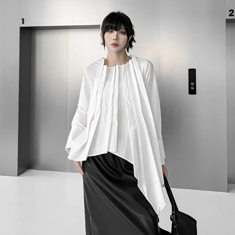

SuperAen Designed Fashion Asymmetrical Long-sleeved T-shirts 2026 Autumn New Korean Style Loose Waist Pleated Mid-length Top