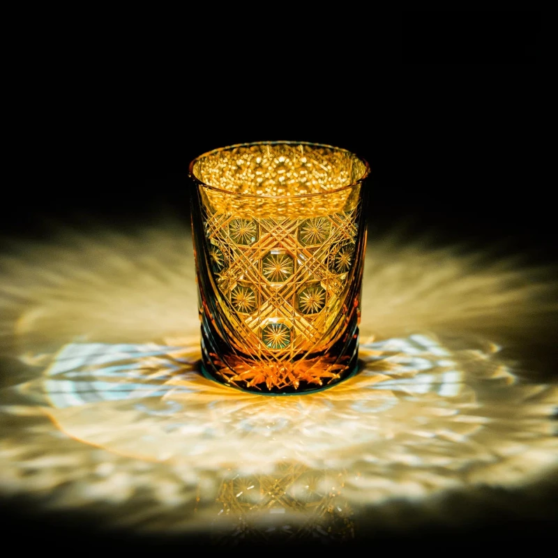 Amber Crystal Whiskey Glass High End Edo Kiriko Gilded Dome Star Chrysanthemum Old Fashioned Tumbler Barwar Cup Dropshipping