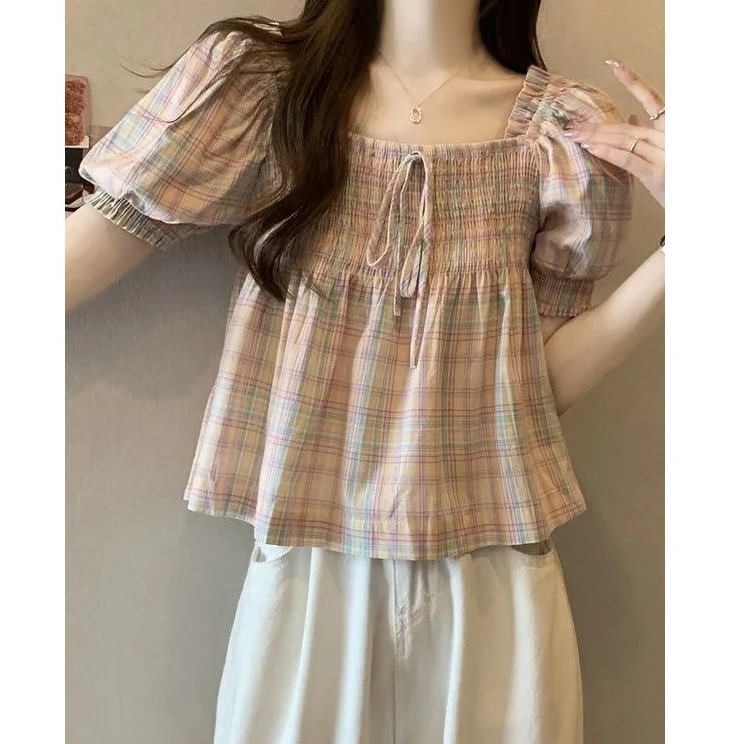 

Summer Women Chic Fashionable Slimming Bubble Sleeve Square Collar Gentle Wind Short Sleeve Shirt
