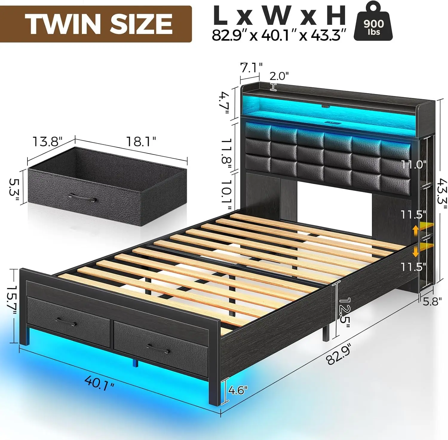 Bedframe twin-size met opberghoofdeinde en 2 lades, gestoffeerd platformbed met laadstation en LED-licht, Heavy Du