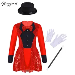 Girls Magician Circus Costume Dress Shiny Sequin Leotard Dress with Hat Magic Wand Gloves Set Halloween Party Carnival Suit