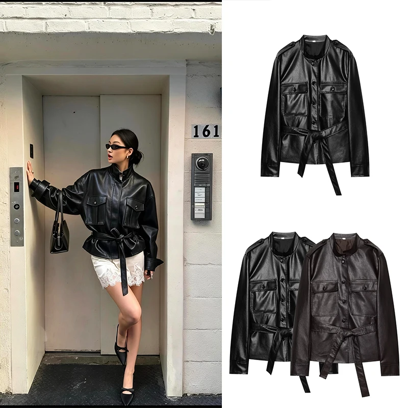 Guobioziy Women's Faux Leather Jacket 2026 Spring-Autumn New Model Solid Color Design European-Style Casual Fashion Streetwear