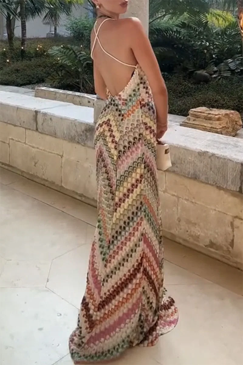 Bohemian Multicolor Chevron Halter Maxi Dress Retro Deep V Neck Criss Cross Backless Sleeveless Pleated Draped Dresses Holiday