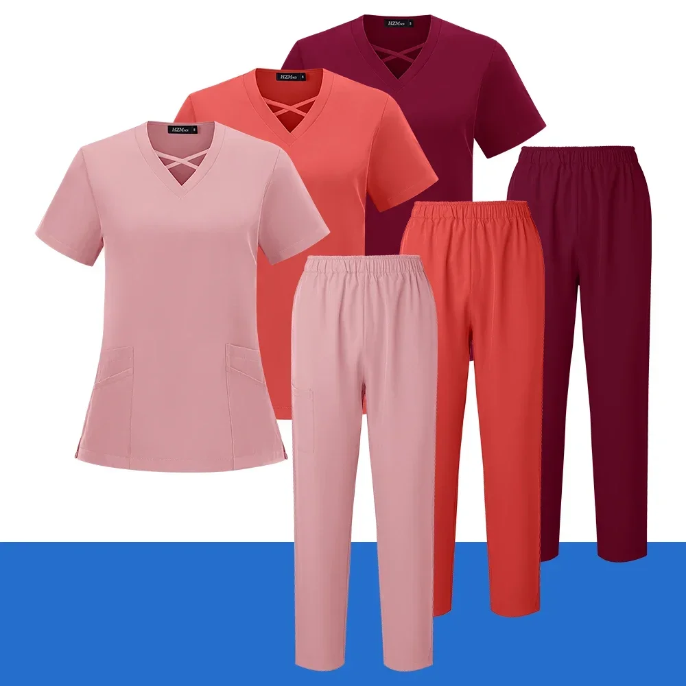 Multicolour Jogger Suits Doctor Nursing Uniforms Short Sleeve V-neck Tops Pocket Pants Nurse Scrubs Set Medical Clinical Clothes