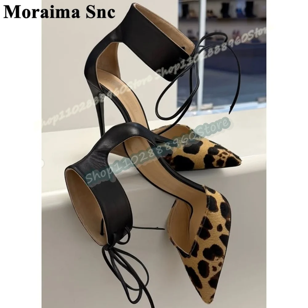 

Stylish Mixed Color Leopard Pointy Sandals Stilettos High Heel Shoes For Women Cross Tied Pointed Toe Runway Zapatos Para Mujer