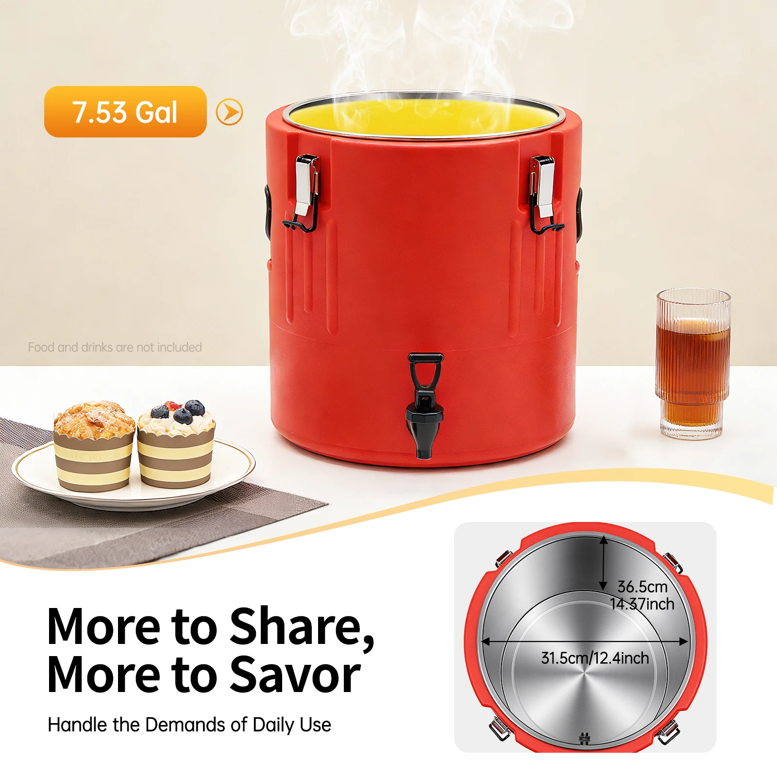 

40L/10.57Gal (Actual 28.5L/7.53Gal) Beverage Dispenser, Insulated Food Bucket, with 4 Stainless Steel Clips and Silicone Gasket