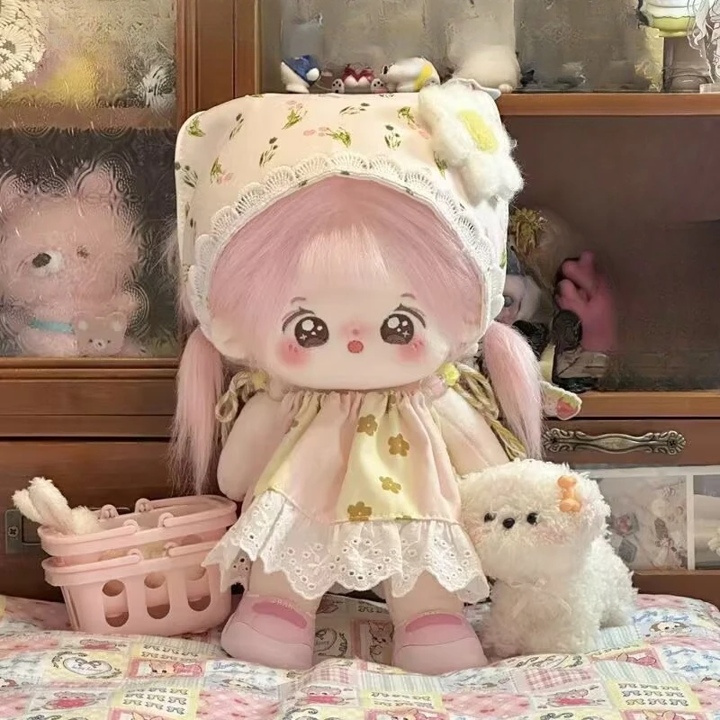 Lindo vestido de bebé estilo campestre de 20 cm, vestido de muñeca de algodón sin atributos, conjunto de muñeca con pañuelo en la cabeza