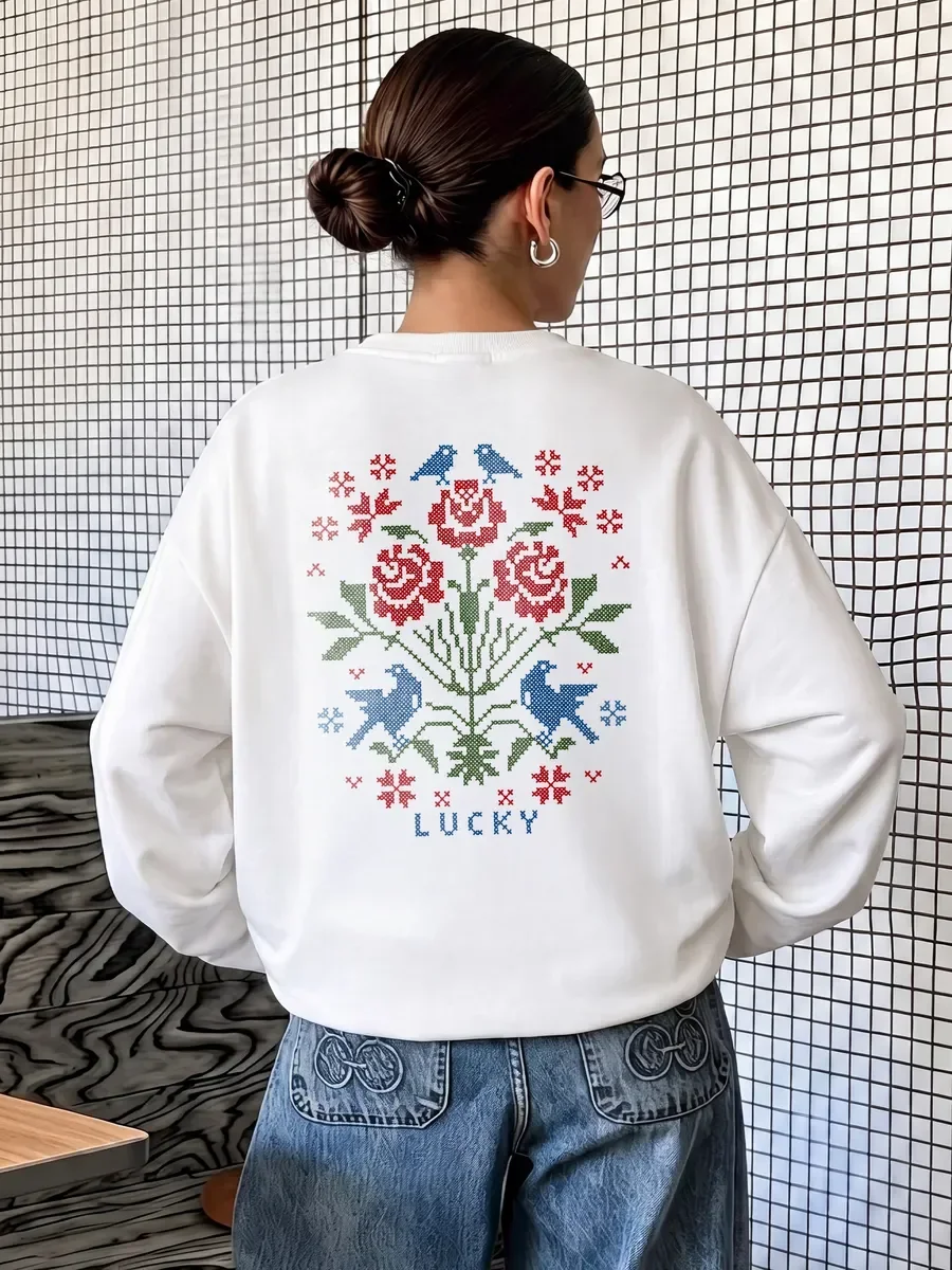 100% Cotton Rose Bird Lucky Letter Print T-Shirt  Autumn New Women's Print Long Sleeve Retro Loose Versatile Casual Top