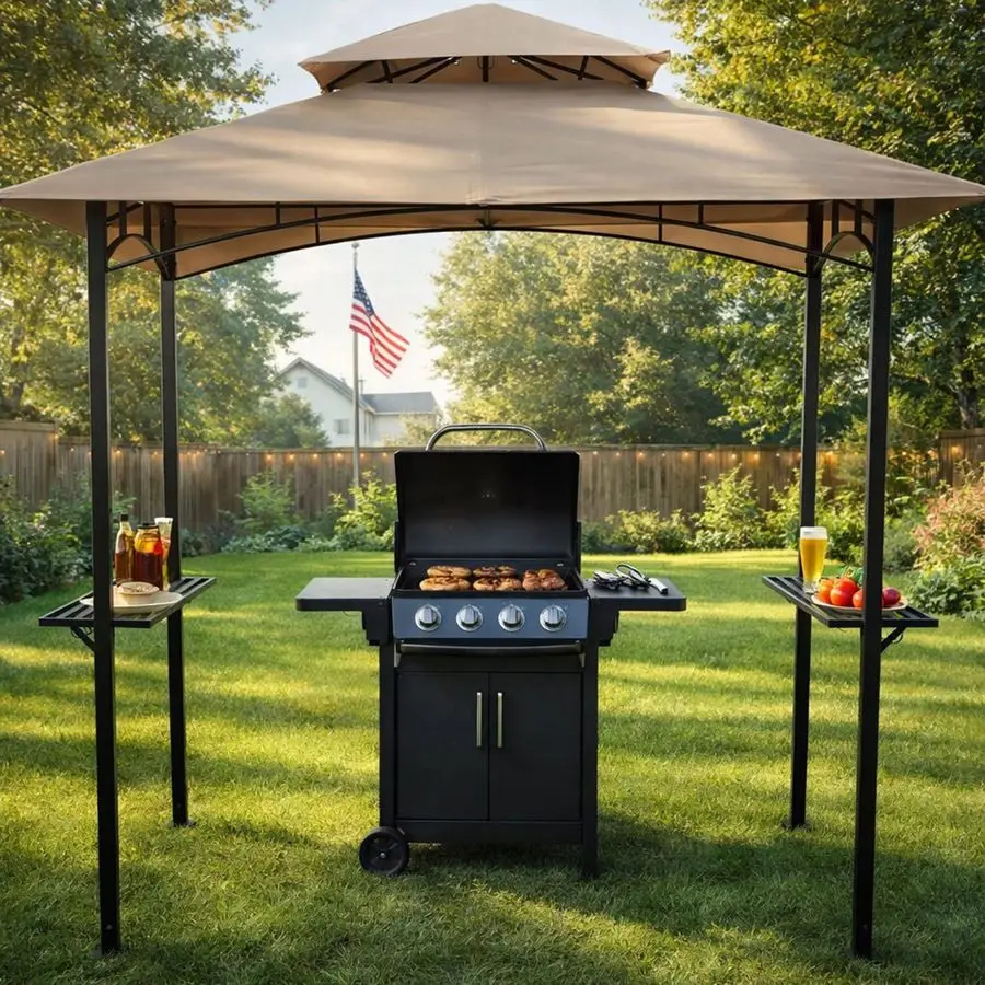 Andra 8 x 5 BBQ Grill Gazebo Canopy Tent, Soft Top Vented Roof, Steel Frame with Side Shelves amp Utensil Hooks, 4 Magnetic Deta