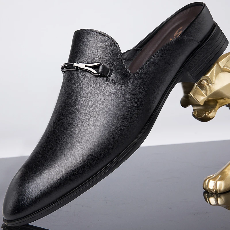 Hollow Out Half Drag Casual Sandals Shoes Men Slippers Genuine Leather Big Size Backless Loafers High Quality Slip on Mens Shoe