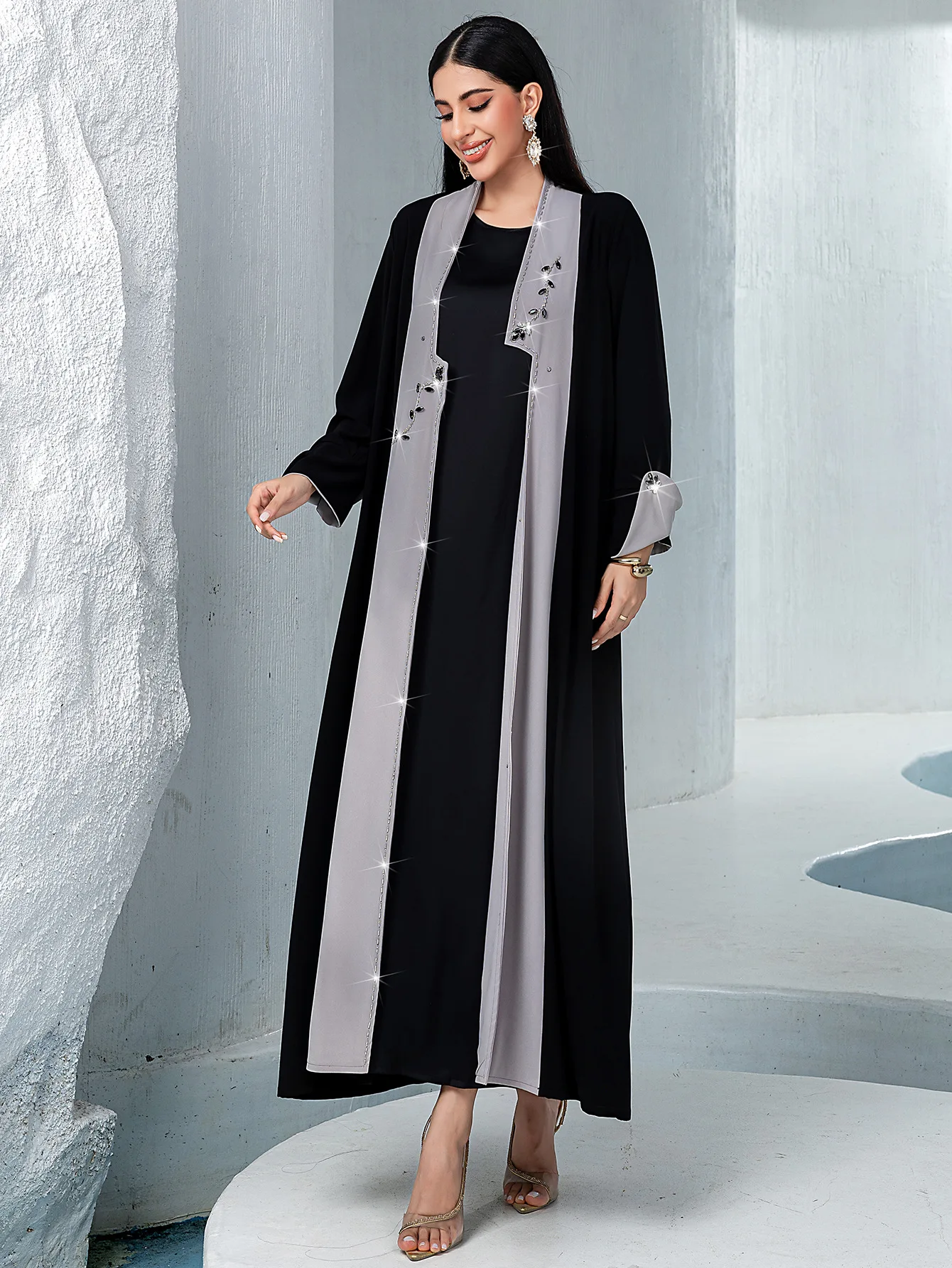 Open Voorzijde Abaya Diamanten Moslim Lange Mouw Arabische Abaya Midden-Oosten Turkije Kaftans Vrouwen Jalabiya Islamitische Maxi Jurk Turkije