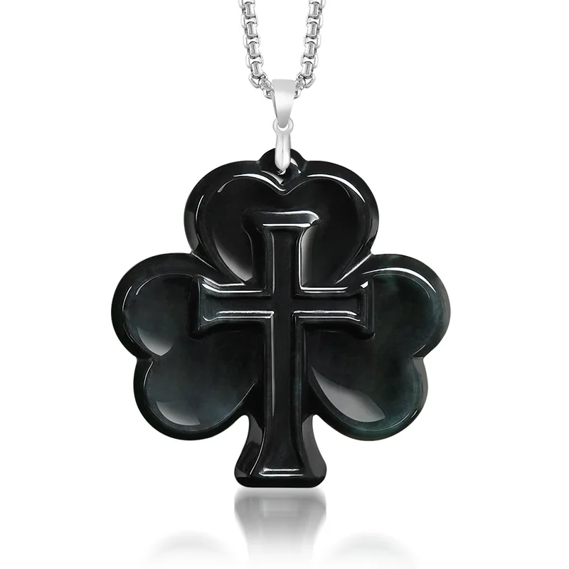 S925 Silver Natural Real Emerald Black Chicken Color Leaf Grass Cross Pendant Necklace Jewelry Fashion Charm Certificate Gifts