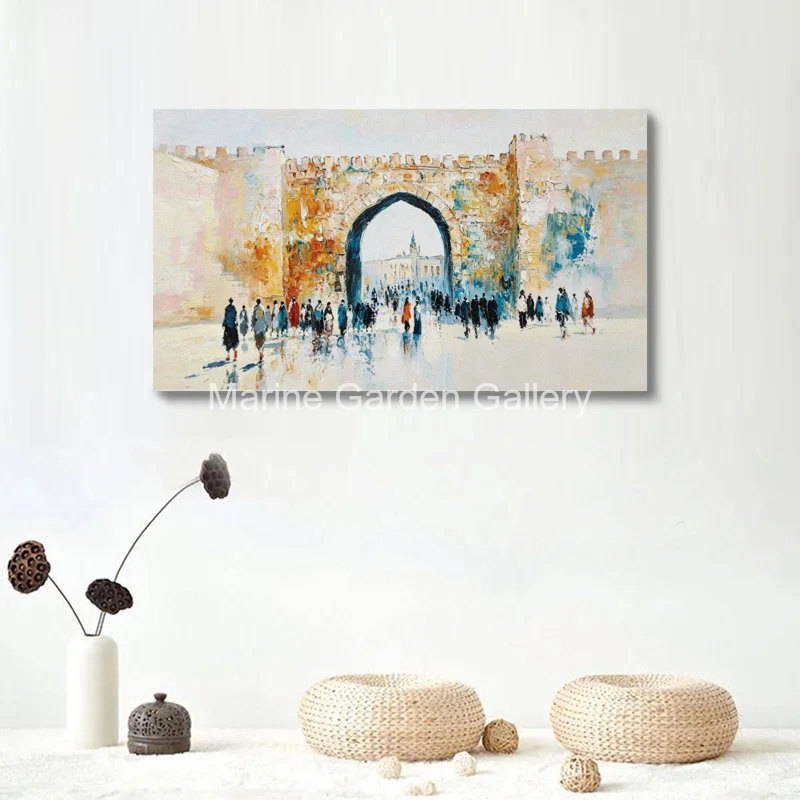 Hand-Painted Jerusalem Jaffa Gate Oil Painting Impressionist Jerusalem Street Scene Canvas Art Large Wall Art for Living Room