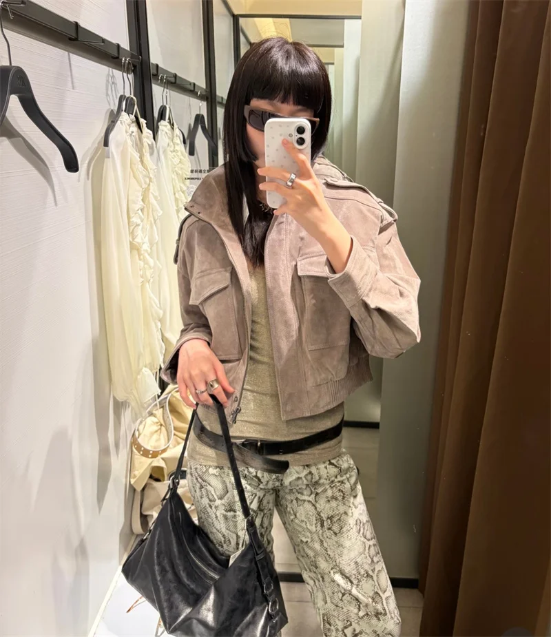 Guobioziy Women's Jacket 2026 Autumn New Fashion Retro Workwear Style Long-Sleeve Stand Collar Leather Short Strap Jacket