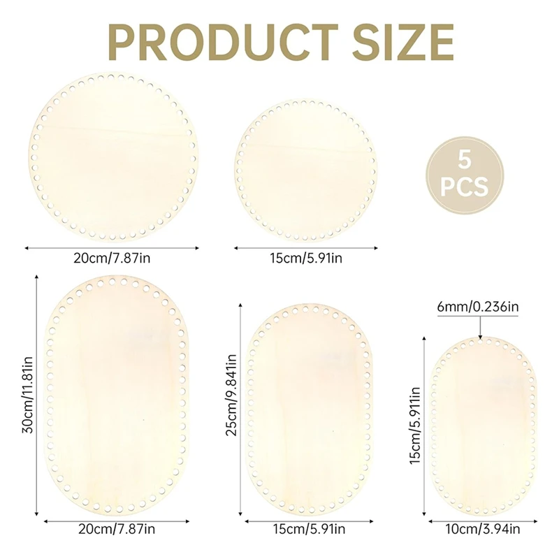 Parte inferior de cesta de madera de 5 uds., cesta de ganchillo sólida en blanco con círculo ovalado de 5 tamaños, Base de madera para cesta DIY, suministros de tejido artesanal