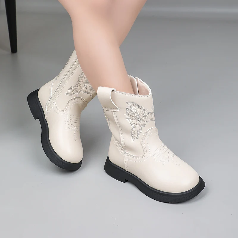 

Children's PU Leather Boots Classic Western Cowboy Embroidery Girls Long Booties Kids Autumn Round Toe Soft Sole Retro Shoes